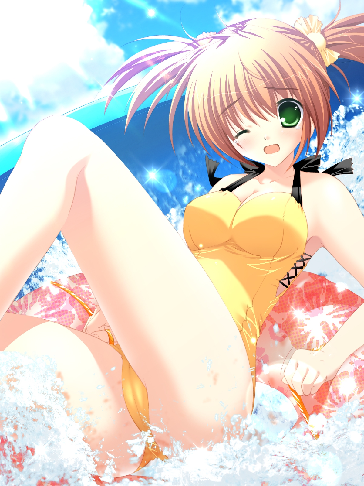 mikeou, highres, 1girl, breasts, brown hair, female focus, innertube, ocean, one-piece swimsuit, one eye closed, open mouth, outdoors, sky, solo, splashing, swim ring, swimsuit, twintails, water, wink
