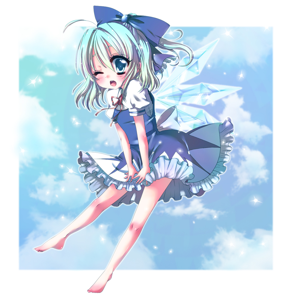 komiya hitoma, cirno, touhou, bad id, bad pixiv id, 1girl, ahoge, barefoot, blue eyes, blue hair, blush, bow, feet, female focus, full body, hair between eyes, hair bow, ice, matching hair/eyes, one eye closed, outdoors, ribbon, short hair, sky, solo, wink