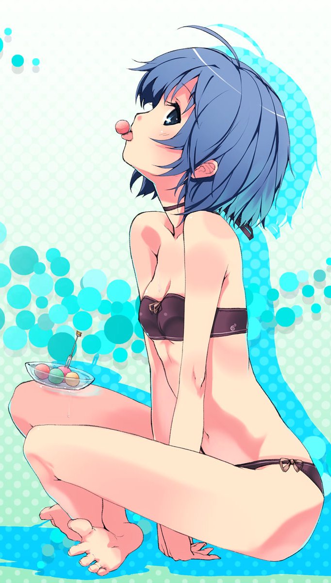 refeia, highres, 1girl, ahoge, aqua background, bandeau, barefoot, bikini, blue eyes, blue hair, blush, bob cut, bow, bow bikini, breasts, choker, cleavage, eating, feet, female focus, flat chest, food, from side, halftone, head tilt, looking at viewer, lowleg, lowleg bikini, matching hair/eyes, open mouth, purple bikini, short hair, simple background, sitting, soles, solo, spread toes, swimsuit, toes, tongue, tongue hold