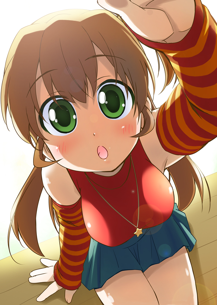 bakutendou, sakurai yumeko, idolmaster, idolmaster dearly stars, striped, bad id, bad pixiv id, 00s, 1girl, breasts, brown hair, detached sleeves, female focus, green eyes, jewelry, large breasts, long hair, necklace, skirt, solo, star (symbol)