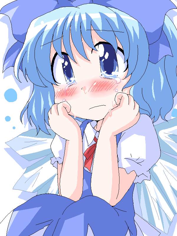 geetsu, cirno, embodiment of scarlet devil, touhou, 1girl, blue eyes, blue hair, blush, bow, female focus, hair bow, matching hair/eyes, ribbon, short hair, snot, solo, tears, white background, wings