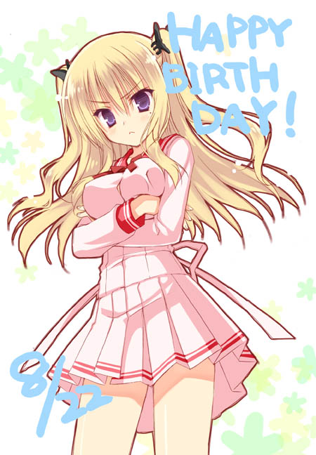 muririn, hibarigaoka yuki, bra-ban!, jpeg artifacts, 1girl, :<, blonde hair, breasts, crossed arms, dress, female focus, frown, happy birthday, mole, mole under eye, sailor dress, school uniform, solo, twintails