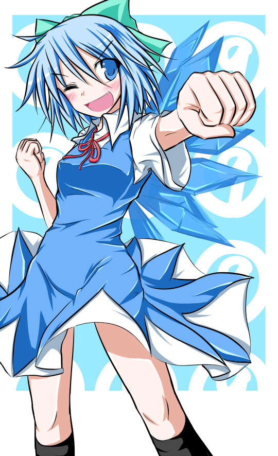 kirino souya, souya, cirno, phantasmagoria of flower view, touhou, bad id, bad pixiv id, 1girl, blue eyes, blue hair, bow, circled 9, clenched hand, clenched hands, dress, fang, female focus, hair bow, ice, matching hair/eyes, one eye closed, open mouth, short hair, solo, wings, wink