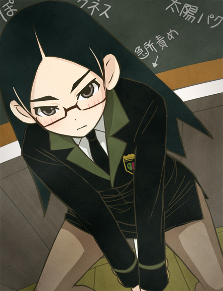 haruyama kazunori, kitsu chiri, sayonara zetsubou sensei, translation request, 00s, 1girl, black eyes, black hair, blush, dutch angle, female focus, glasses, pantyhose, parted bangs, school uniform, skirt, solo, v arms