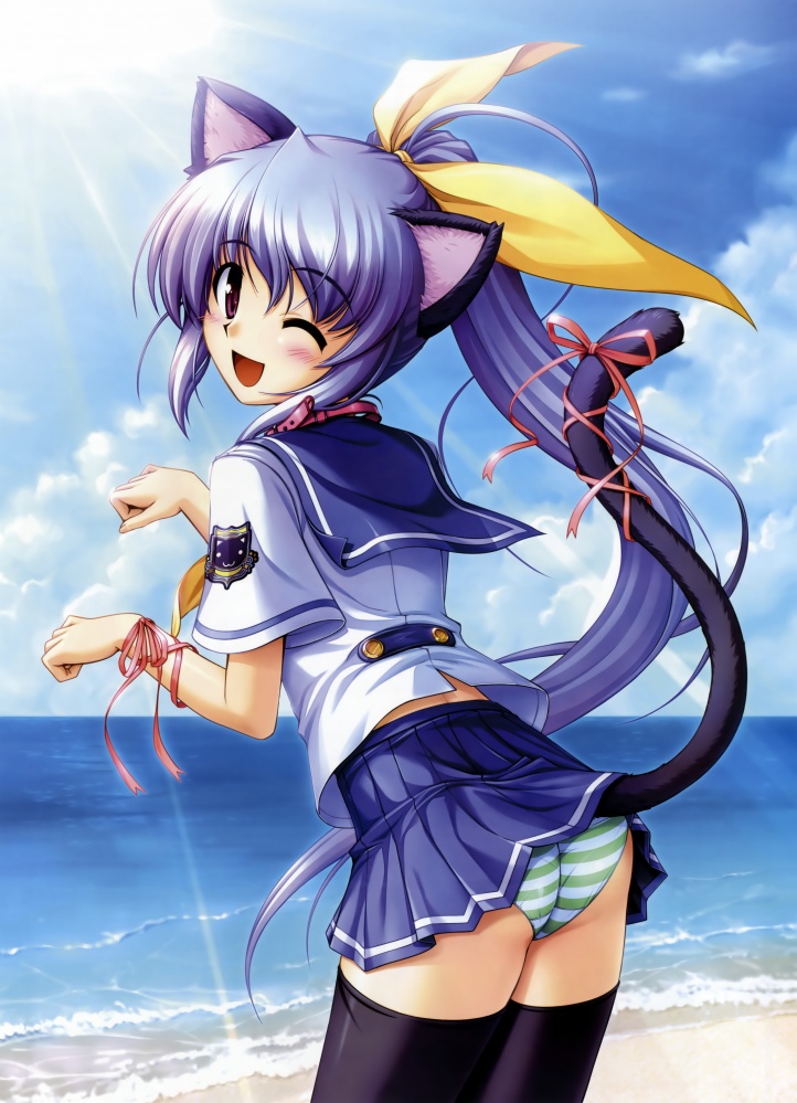 bekkankou, megami magazine, megami magazine deluxe, scan, 1girl, ;d, animal ears, ass, beach, black thighhighs, blue hair, cat ears, cat tail, cloud, day, female focus, hair ribbon, light rays, long hair, looking back, ocean, one eye closed, open mouth, outdoors, panties, paw pose, ponytail, ribbon, school uniform, sky, smile, solo, striped clothes, striped panties, sunbeam, sunlight, tail, tail ornament, tail ribbon, thighhighs, underwear, very long hair, wink, wrist ribbon