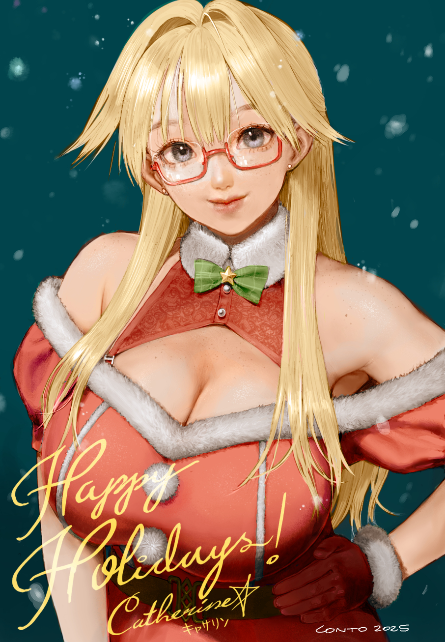 conto, catherine (conto), original, highres, 1girl, bare shoulders, blonde hair, blue eyes, breasts, cleavage, dress, ear piercing, freckles, fur trim, glasses, gloves, green background, hands on own hips, happy holidays, huge breasts, large breasts, long hair, piercing, red-framed eyewear, red gloves, santa costume, santa dress, simple background, snow