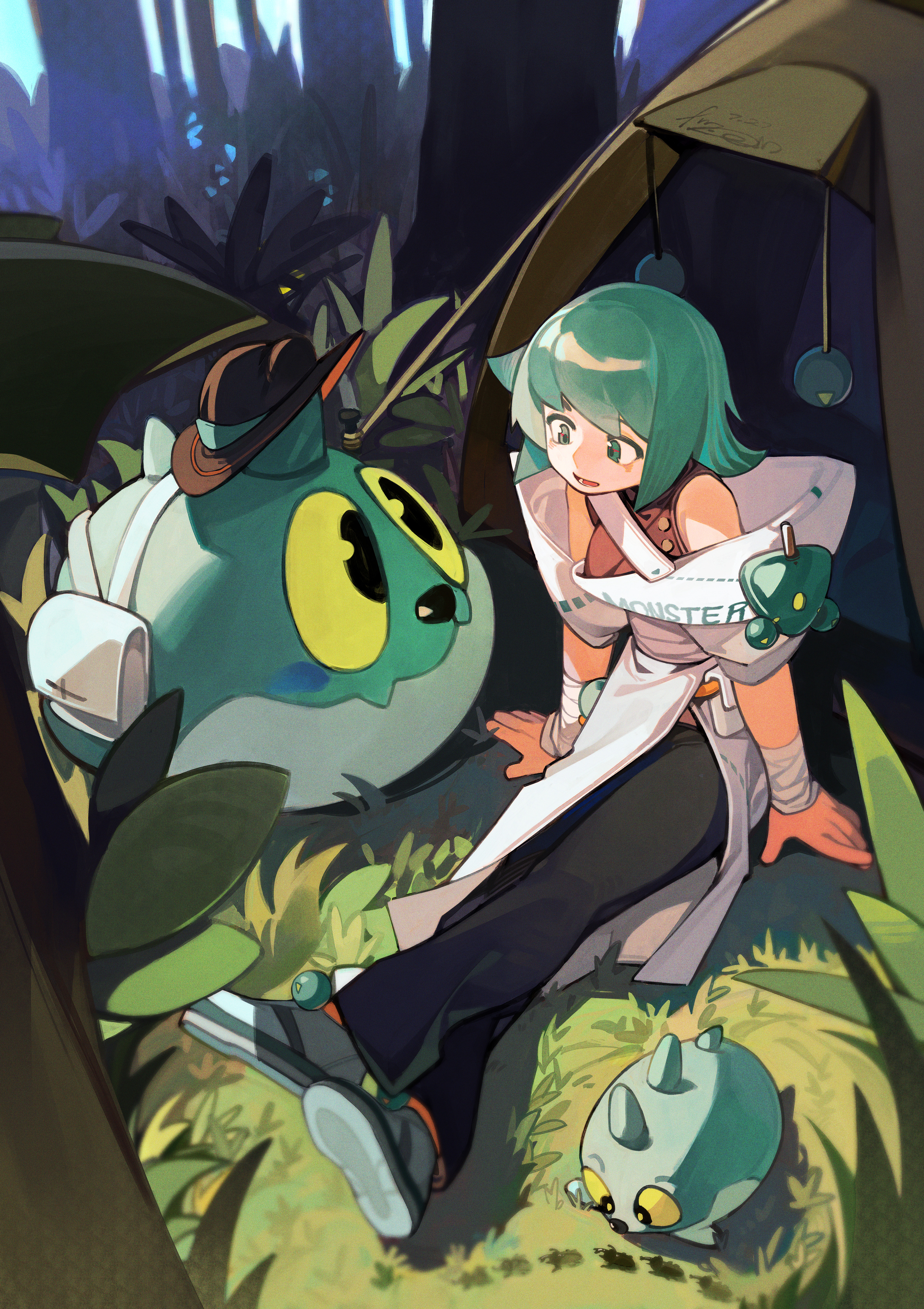 linween, original, absurdres, commentary, highres, 1girl, bug, colored sclera, dated, green eyes, green hair, hat, on grass, short hair, signature, tent, tree, yellow sclera