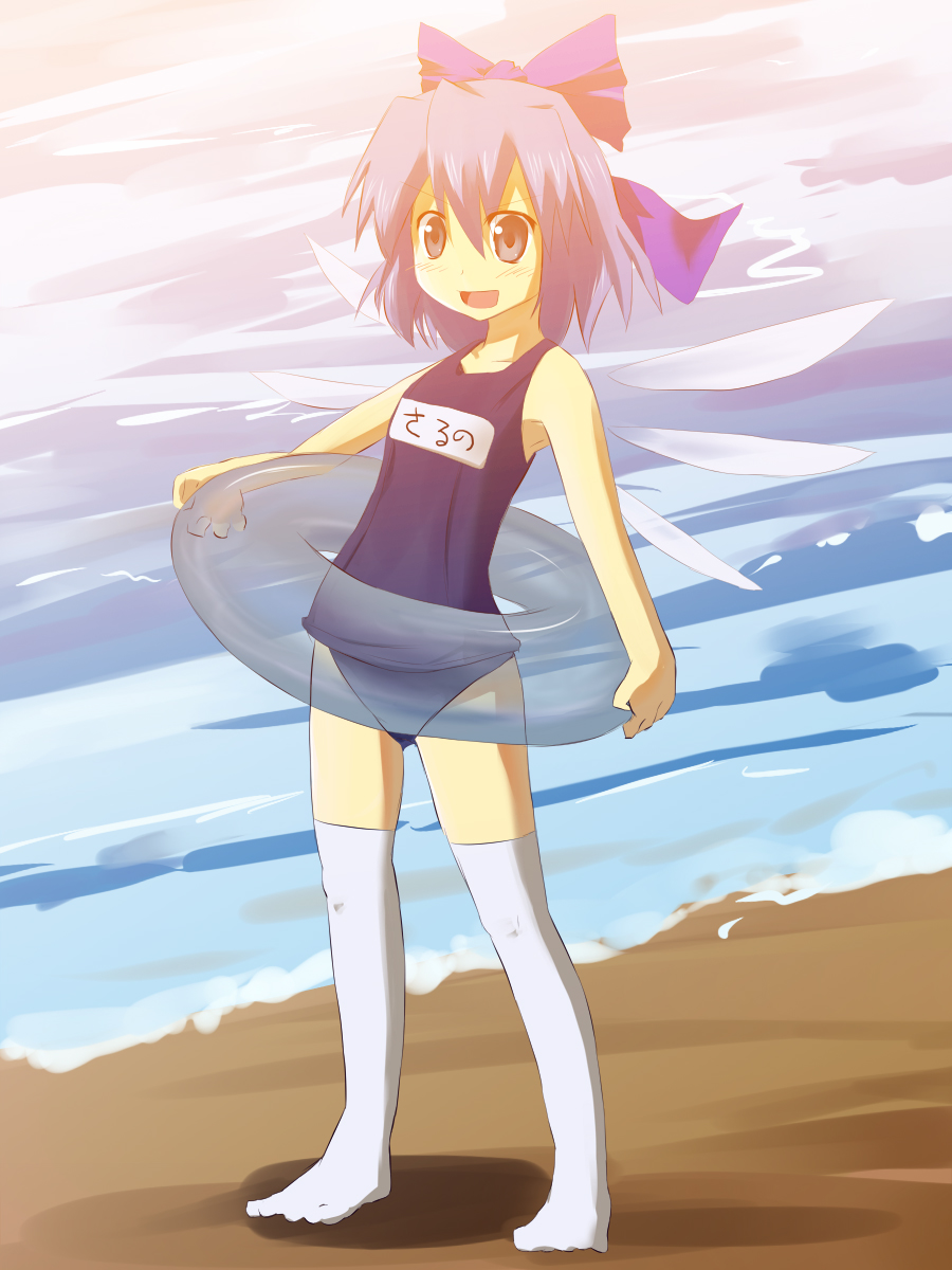 murasin, cirno, touhou, highres, 1girl, beach, blue eyes, blue hair, bow, female focus, hair bow, innertube, matching hair/eyes, one-piece swimsuit, outdoors, school swimsuit, short hair, solo, swim ring, swimsuit, thighhighs, water, white thighhighs, wings