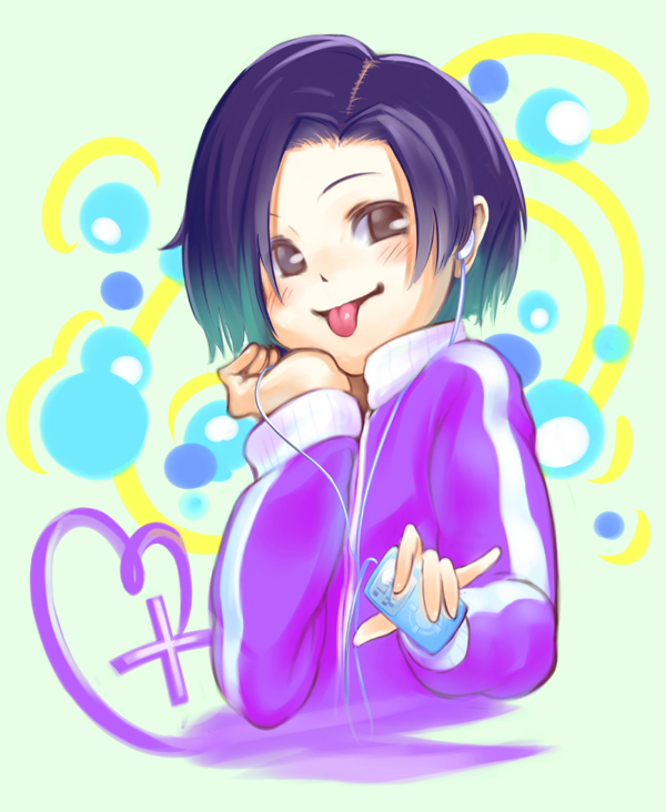 inugoro, inumaro (inugoro), kobayakawa rinko, love plus, bad id, bad pixiv id, 1girl, :p, black hair, bob cut, brown eyes, earphones, female focus, goggles, mp3 player, short hair, solo, tongue, tongue out