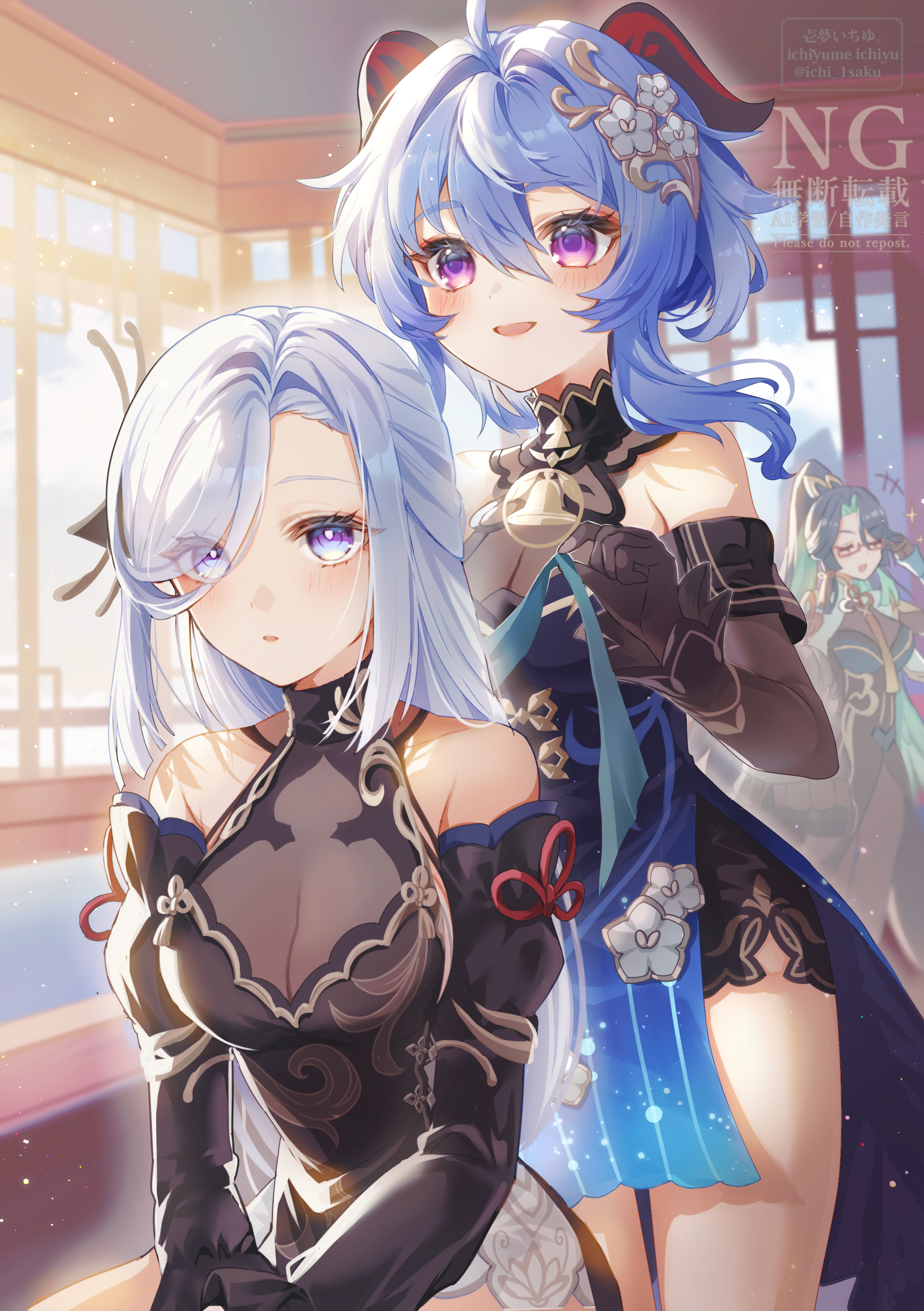 ichiyume ichiyu, ganyu (genshin impact), ganyu (twilight blossom) (genshin impact), shenhe (frostflower dew) (genshin impact), shenhe (genshin impact), xianyun (genshin impact), genshin impact, absurdres, commentary request, highres, 3girls, ahoge, architecture, bare shoulders, black dress, black hair, blue eyes, blue hair, breasts, colored inner hair, detached sleeves, dress, east asian architecture, glasses, goat horns, green hair, grey hair, hair between eyes, hair ornament, horns, long hair, long sleeves, looking at viewer, medium breasts, multicolored hair, multiple girls, official alternate costume, official alternate hairstyle, purple eyes, red-framed eyewear, semi-rimless eyewear, sidelocks, sleeveless, sleeveless dress, tassel, two-tone hair, very long hair