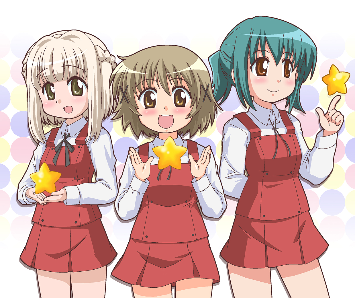 ki (adotadot), nazuna (hidamari sketch), nori (hidamari sketch), yuno (hidamari sketch), hidamari sketch, md5 mismatch, resolution mismatch, source smaller, 00s, 3girls, blush, brown eyes, brown hair, green hair, half updo, multiple girls, ponytail, school uniform, short hair, sidelocks, skirt, smile, star (symbol), yamabuki high school uniform
