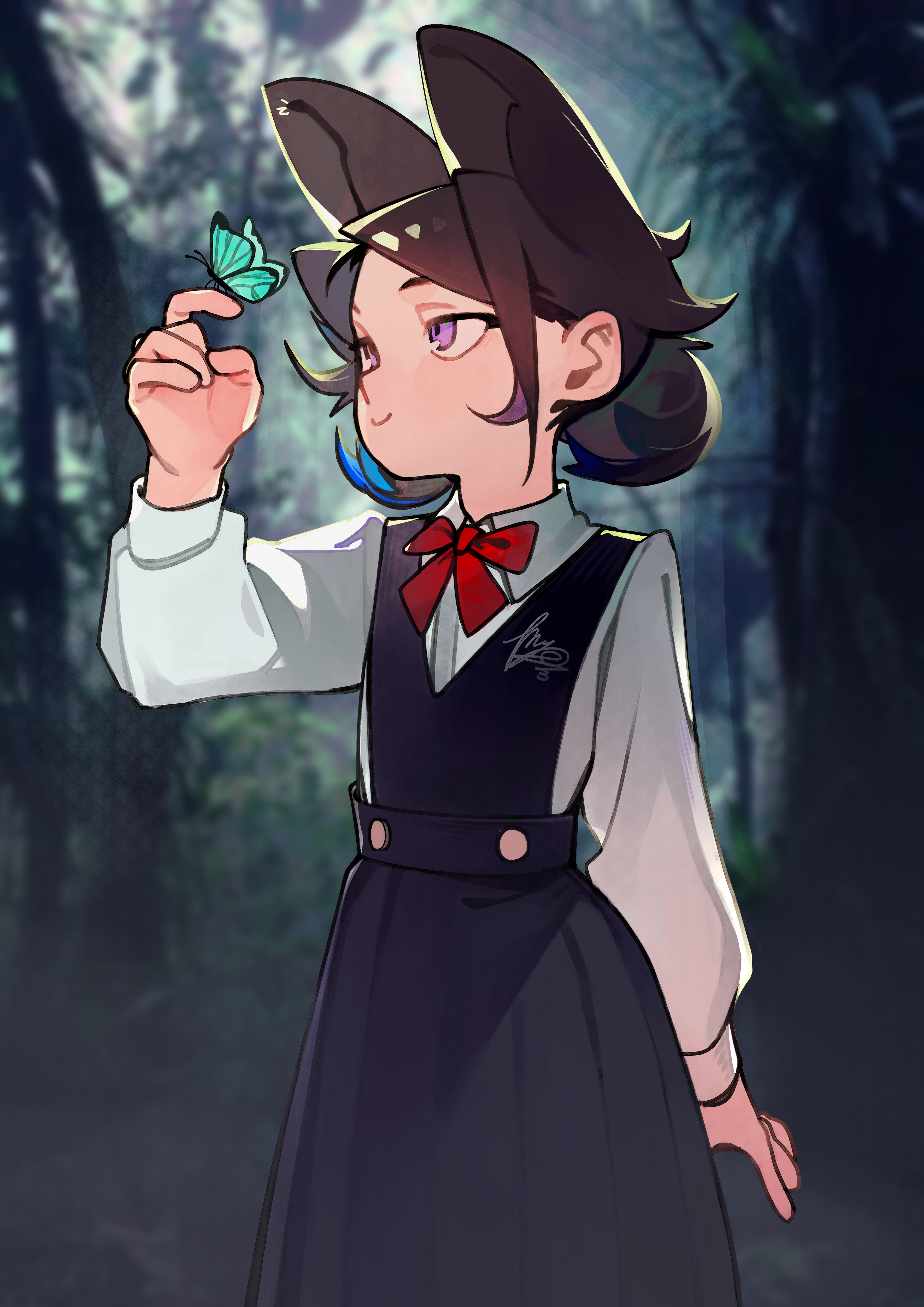 linween, original, absurdres, commentary, highres, 1girl, animal ears, blue butterfly, brown hair, bug, butterfly, collared shirt, insect, purple eyes, shirt, short hair, signature, solo