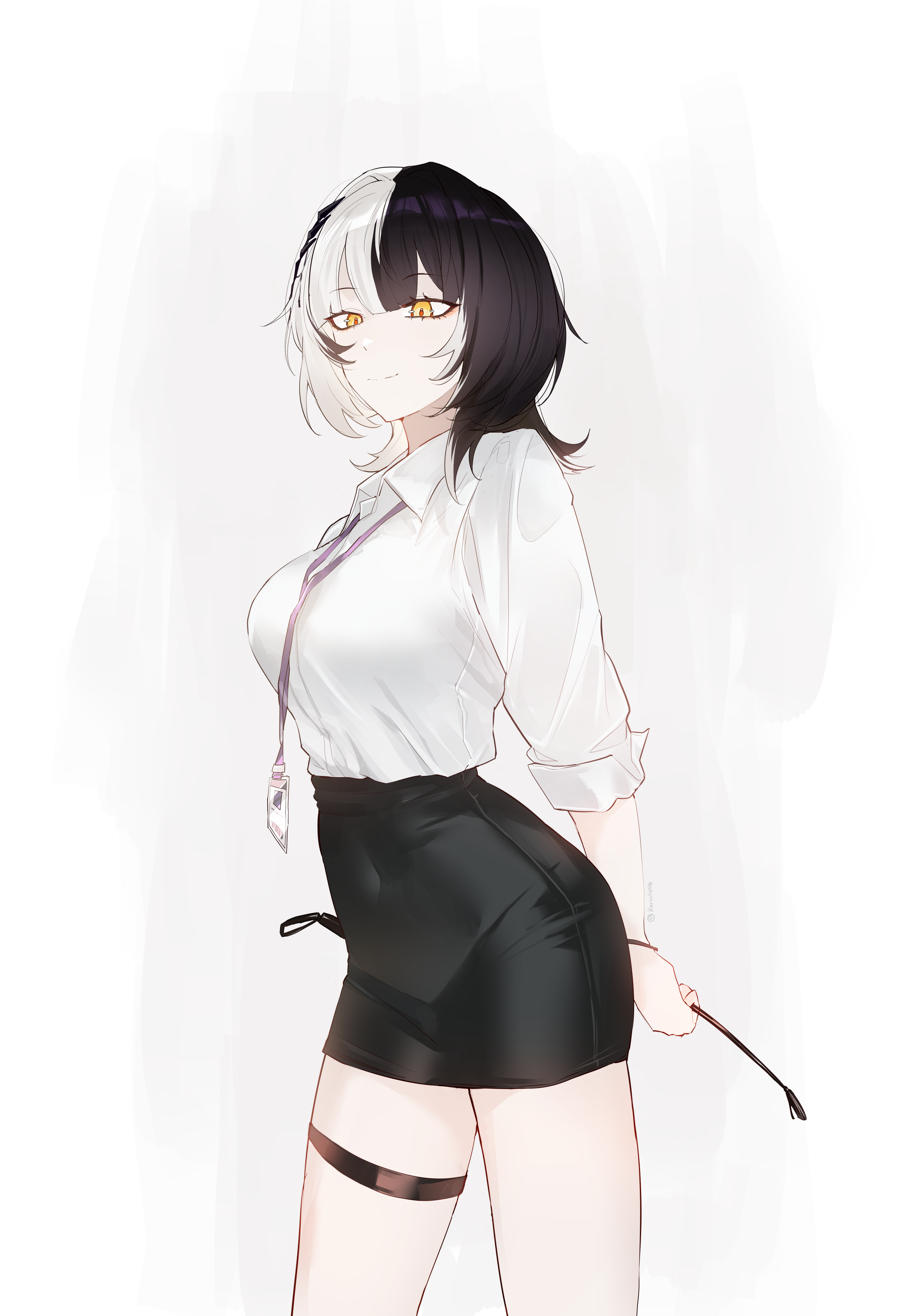 kurochanai, shiori novella, hololive, hololive english, absurdres, commentary, highres, 1girl, alternate costume, arms behind back, black hair, black skirt, breasts, closed mouth, collared shirt, dress shirt, grey hair, hair ornament, high-waist skirt, holding, holding riding crop, id card, lanyard, large breasts, long hair, looking at viewer, miniskirt, multicolored hair, office lady, pencil skirt, riding crop, shirt, simple background, skirt, sleeves rolled up, smile, solo, split-color hair, taut clothes, taut skirt, thigh strap, twitter username, two-tone hair, virtual youtuber, white background, white shirt, yellow eyes