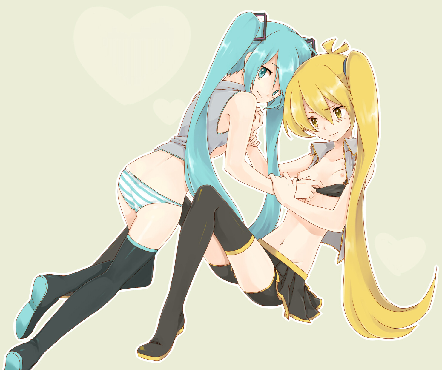 toudou charo, tr, akita neru, hatsune miku, vocaloid, bad id, bad pixiv id, highres, 2girls, aqua eyes, aqua hair, ass, bike shorts, blonde hair, boots, flat chest, long hair, multiple girls, navel, nipples, no pants, panties, side ponytail, skirt, spandex, striped clothes, striped panties, thigh boots, thighhighs, twintails, underwear, yellow eyes, yuri