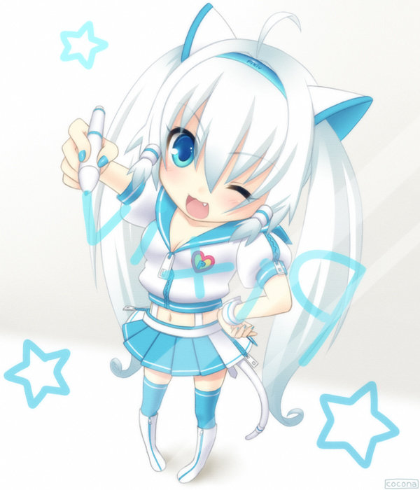 cocona, pixiv-tan, pixiv, bad id, bad pixiv id, 1girl, blue eyes, female focus, full body, kneehighs, long hair, miniskirt, skirt, socks, solo, star (symbol), stylus, thighhighs, twintails, white background, white hair