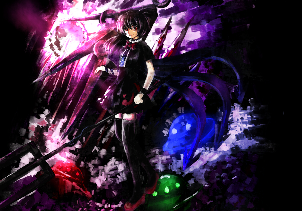 yuna gram, yunagram, houjuu nue, touhou, bad id, bad pixiv id, 1girl, black hair, black thighhighs, female focus, polearm, red eyes, short hair, solo, spear, thighhighs, trident, ufo, weapon, wings, zettai ryouiki