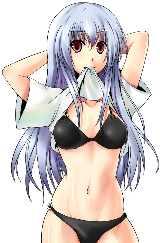 mugen houteishiki, mugenshiki, original, silver hair, bad id, bad pixiv id, 1girl, bikini, black bikini, brown eyes, clothes lift, female focus, long hair, mouth hold, shirt lift, solo, swimsuit