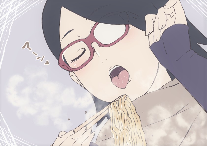 eeshin (eishin5584), uchiha sarada, boruto: naruto next generations, naruto (series), 1girl, food, glasses, tongue, tongue out