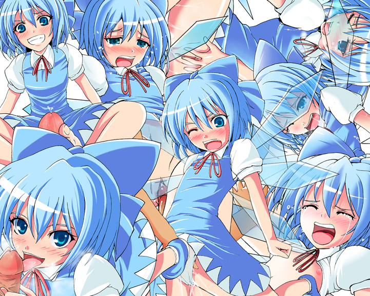 cirno, embodiment of scarlet devil, touhou, tagme, blue eyes, blue hair, feet, fellatio, flat chest, footjob, oral, penis, short hair, uncensored, wings
