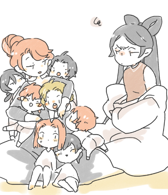 pixiv id 1298298, amras, amrod, caranthir, celegorm, curufin, feanor, maedhros, maglor, nerdanel, the silmarillion, tolkien's legendarium, 1girl, 6+boys, age difference, bare arms, bare legs, black hair, blonde hair, brothers, chibi, closed eyes, closed mouth, elf, father and son, long hair, looking at another, looking at viewer, mother and son, multiple boys, open mouth, parted bangs, parted lips, pointy ears, red hair, siblings, simple background, sweat, sweatdrop, twins, white background