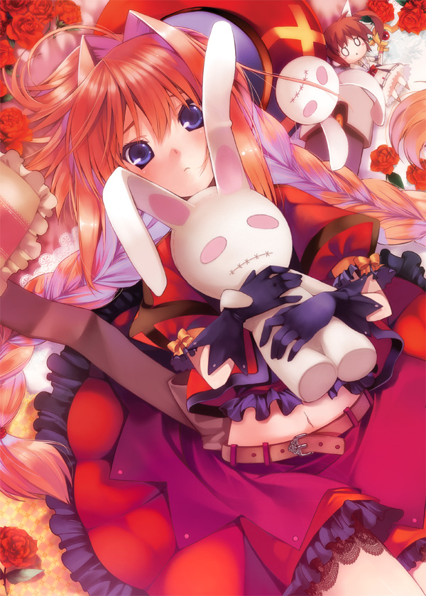 ikawa waki, takamachi nanoha, vita (nanoha), lyrical nanoha, mahou shoujo lyrical nanoha, mahou shoujo lyrical nanoha a's, bad id, bad pixiv id, 00s, 1girl, ahoge, belt, beret, blue eyes, braid, character doll, doll, dress, expressionless, female focus, flower, frills, gauntlets, hair intakes, hat, long hair, looking at viewer, lying, puffy sleeves, red hair, rose, short sleeves, solo, toy, twin braids, very long hair