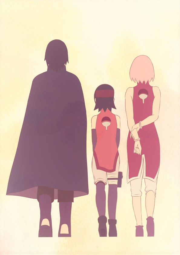 eeshin (eishin5584), haruno sakura, uchiha sarada, uchiha sasuke, boruto: naruto next generations, naruto (series), 1boy, 2girls, black hair, dress, multiple girls, pink hair, short hair, sleeveless, sleeveless dress
