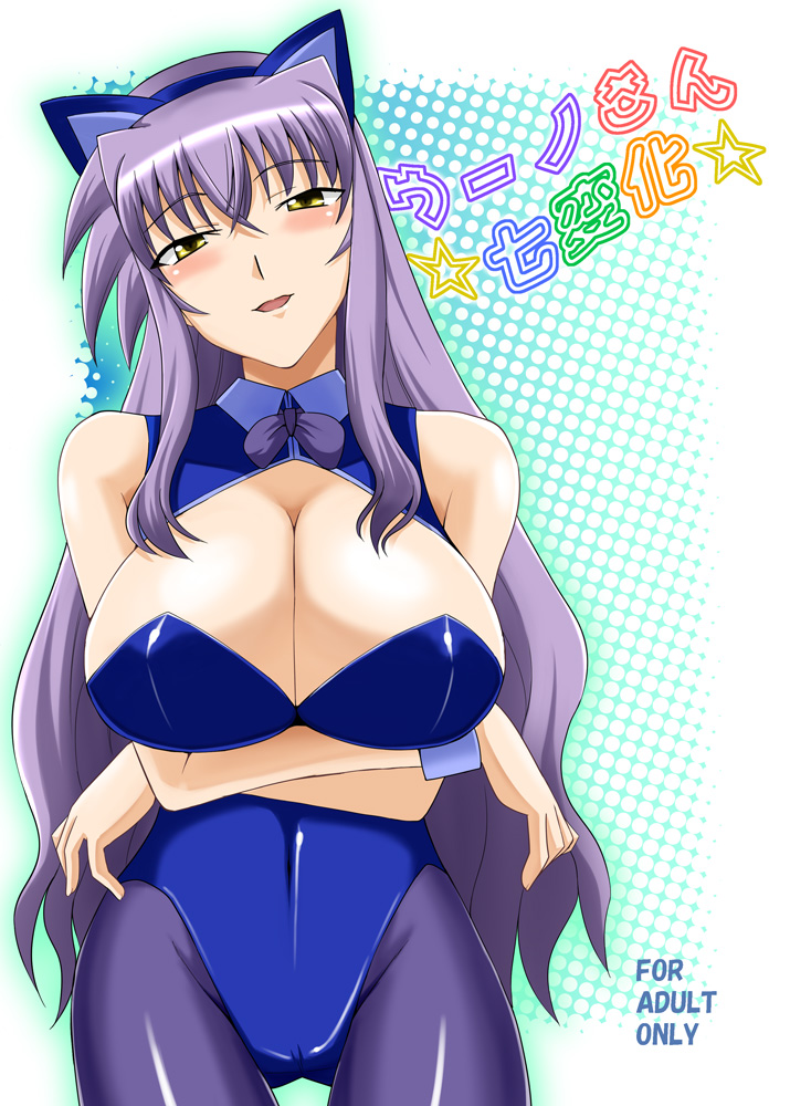 zerosu (take out), numbers (nanoha), uno (nanoha), lyrical nanoha, mahou shoujo lyrical nanoha, mahou shoujo lyrical nanoha strikers, 00s, 1girl, animal ears, blush, breasts, cat ears, cleavage, female focus, hairband, huge breasts, kittysuit, leotard, long hair, nontraditional playboy bunny, pantyhose, purple hair, solo, yellow eyes