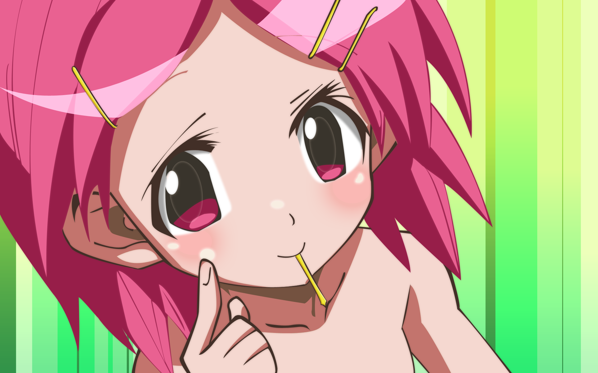 mio (needless), needless, anime screenshot, derivative work, highres, non-web source, vector trace, bare shoulders, collarbone, pink hair, red eyes, short hair, smile, solo