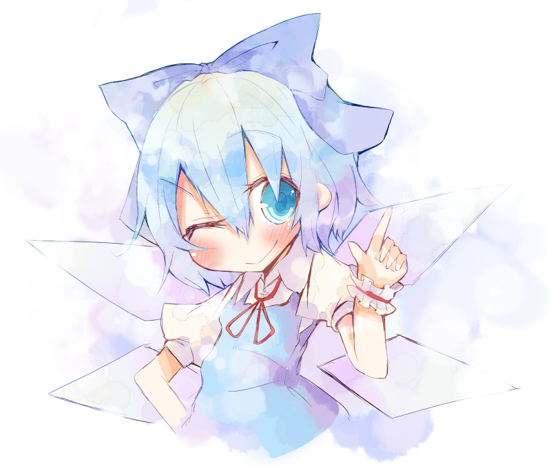 yatani row, cirno, embodiment of scarlet devil, touhou, bad id, bad pixiv id, 1girl, blue eyes, blue hair, blush, bow, female focus, hair bow, hand on own hip, hip focus, matching hair/eyes, one eye closed, pointing, smile, solo, wings, wink, wrist cuffs