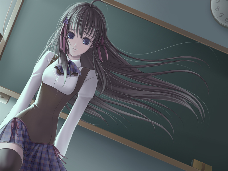 ouka mai, original, bad id, bad pixiv id, 1girl, ahoge, black hair, black thighhighs, blue eyes, female focus, hair ornament, indoors, long hair, school uniform, skirt, solo, thighhighs