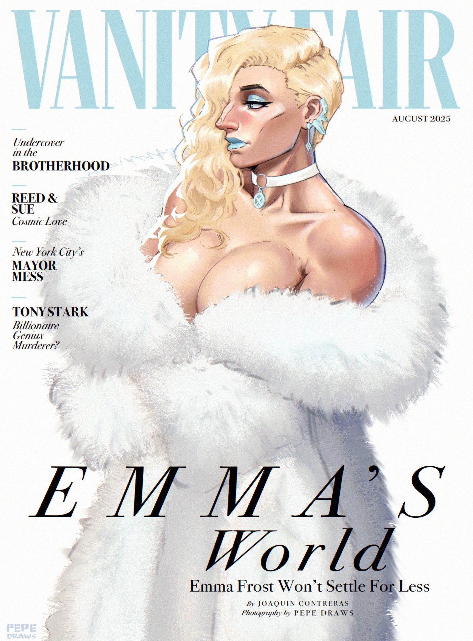 pepedraws, emma frost, marvel, marvel rivals, x-men, commentary, english commentary, highres, 1girl, 2025, alternate costume, bare shoulders, big nose, blonde hair, blue eyes, blue eyeshadow, blue lips, breasts, character name, choker, cleavage, coat, copyright name, cover, earrings, english text, eyeshadow, fake magazine cover, fur coat, jewelry, large breasts, long hair, looking to the side, magazine cover, makeup, mature female, naked coat, profile, side part, solo, white background, white choker, white coat, white theme