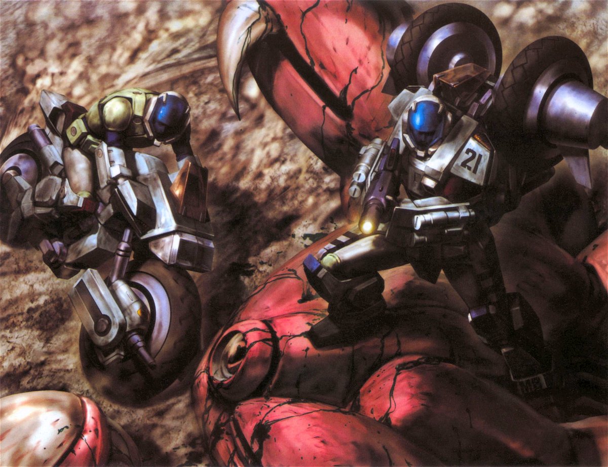 aramaki shinji, coin rand, ray, igaa, inbit, mospeada (mecha), rand, ray (mospeada), ride armor, stick bernard, kikou souseiki mospeada, mospeada, vehicle, 1980s (style), annotated, official art, promotional art, traditional media, 2boys, alien, armor, battle, blood, cannon, claws, corpse, gun, mecha, monster, motor vehicle, motorcycle, multiple boys, oldschool, power armor, power suit, production art, realistic, retro artstyle, rifle, robot, science fiction, weapon