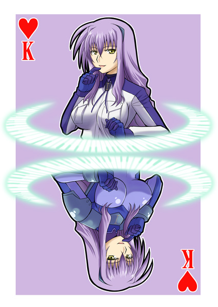 zerosu (take out), numbers (nanoha), uno (nanoha), lyrical nanoha, mahou shoujo lyrical nanoha, mahou shoujo lyrical nanoha strikers, 00s, 1girl, breast pocket, card, card (medium), king (playing card), king of hearts (playing card), long hair, multiple views, playing card, playing card (medium), pocket, purple hair, yellow eyes