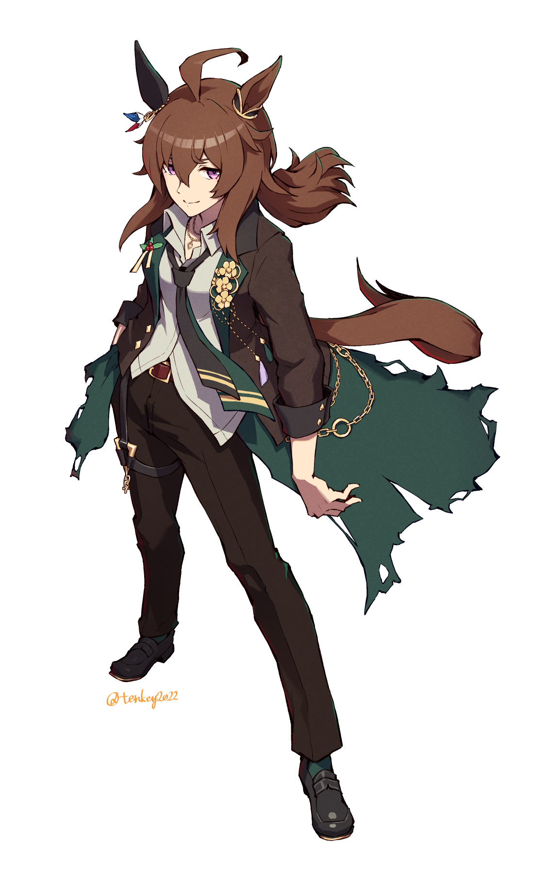 tenkey2022, nakayama festa (umamusume), umamusume, commentary request, highres, 1girl, ahoge, animal ears, belt, black necktie, black pants, black shoes, brown hair, closed mouth, collared shirt, ear covers, full body, grey shirt, hair between eyes, horse ears, horse girl, horse tail, jewelry, long sleeves, necklace, necktie, pants, purple eyes, shirt, shoes, simple background, single ear cover, smile, solo, tail, white background