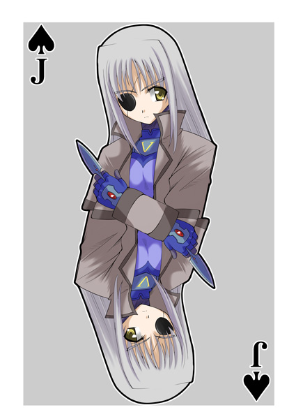 zerosu (take out), cinque (nanoha), numbers (nanoha), lyrical nanoha, mahou shoujo lyrical nanoha, mahou shoujo lyrical nanoha strikers, silver hair, 00s, 1girl, card, card (medium), eyepatch, jack (playing card), jack of spades, long hair, multiple views, playing card, playing card (medium), yellow eyes