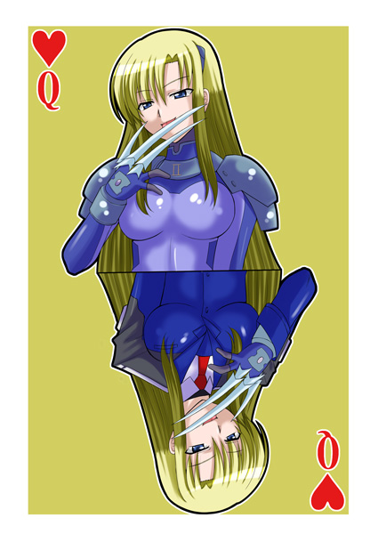 zerosu (take out), due (nanoha), numbers (nanoha), lyrical nanoha, mahou shoujo lyrical nanoha, mahou shoujo lyrical nanoha strikers, 00s, 1girl, blonde hair, breasts, card, card (medium), claws, green eyes, multiple views, playing card, playing card (medium), queen (playing card), queen of hearts (playing card)