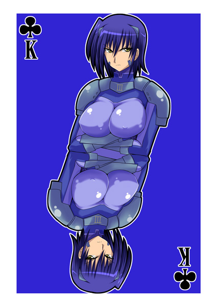 zerosu (take out), numbers (nanoha), tre (nanoha), lyrical nanoha, mahou shoujo lyrical nanoha, mahou shoujo lyrical nanoha strikers, 00s, 1girl, blue hair, breasts, card, card (medium), king (playing card), king of clubs, large breasts, multiple views, playing card, playing card (medium)