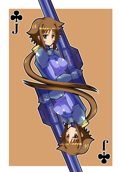 zerosu (take out), dieci (nanoha), numbers (nanoha), lyrical nanoha, mahou shoujo lyrical nanoha, mahou shoujo lyrical nanoha strikers, 00s, 1girl, brown hair, card, card (medium), gun, jack (playing card), jack of clubs (playing card), long hair, multiple views, playing card, playing card (medium), ponytail, weapon