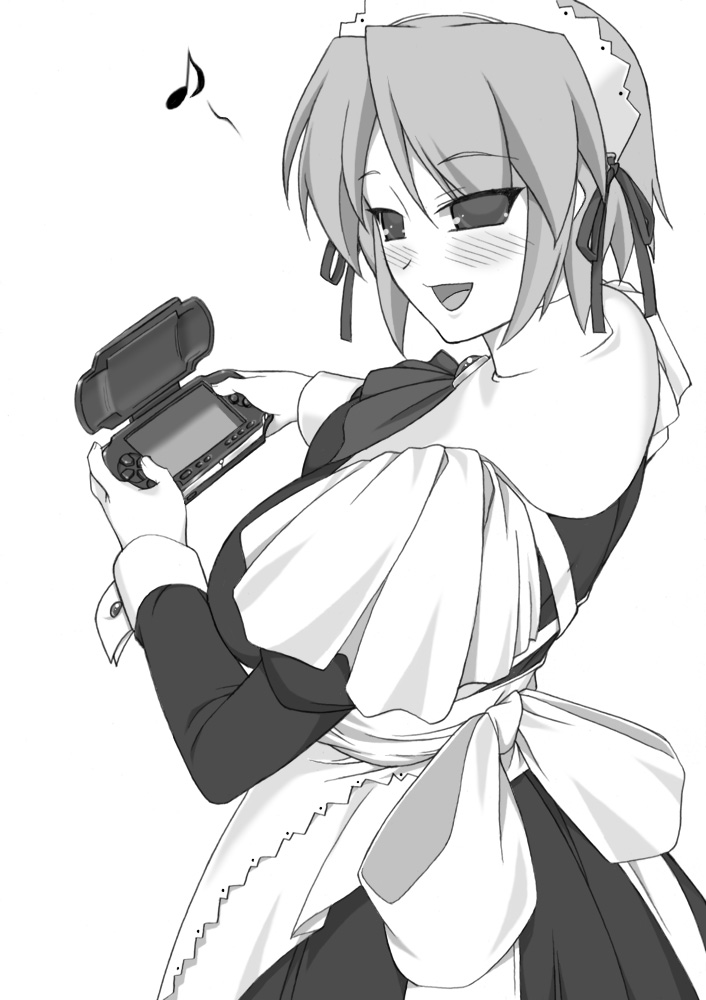 shichimenchou, kotonomiya yuki, suigetsu, 1girl, female focus, greyscale, handheld game console, looking back, maid, monochrome, musical note, playstation portable, quaver, short hair, simple background, solo