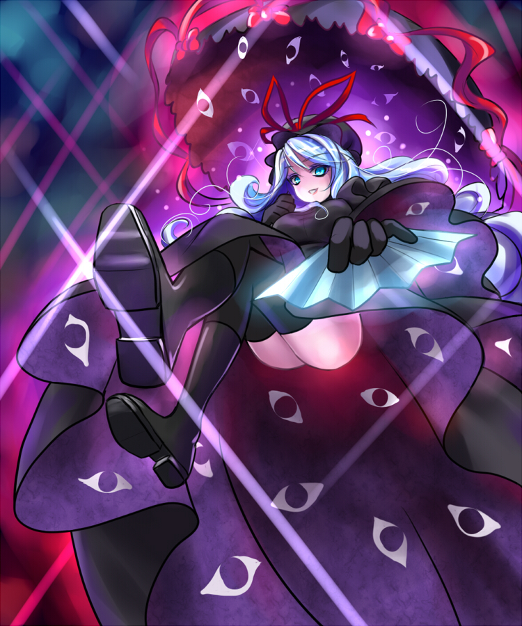 joey (lilinjunyi), joey (pixiv), yakumo yukari, touhou, 1girl, alternate color, blue eyes, blue hair, crossed legs, female focus, hat, long hair, matching hair/eyes, sitting, solo, thighhighs, umbrella