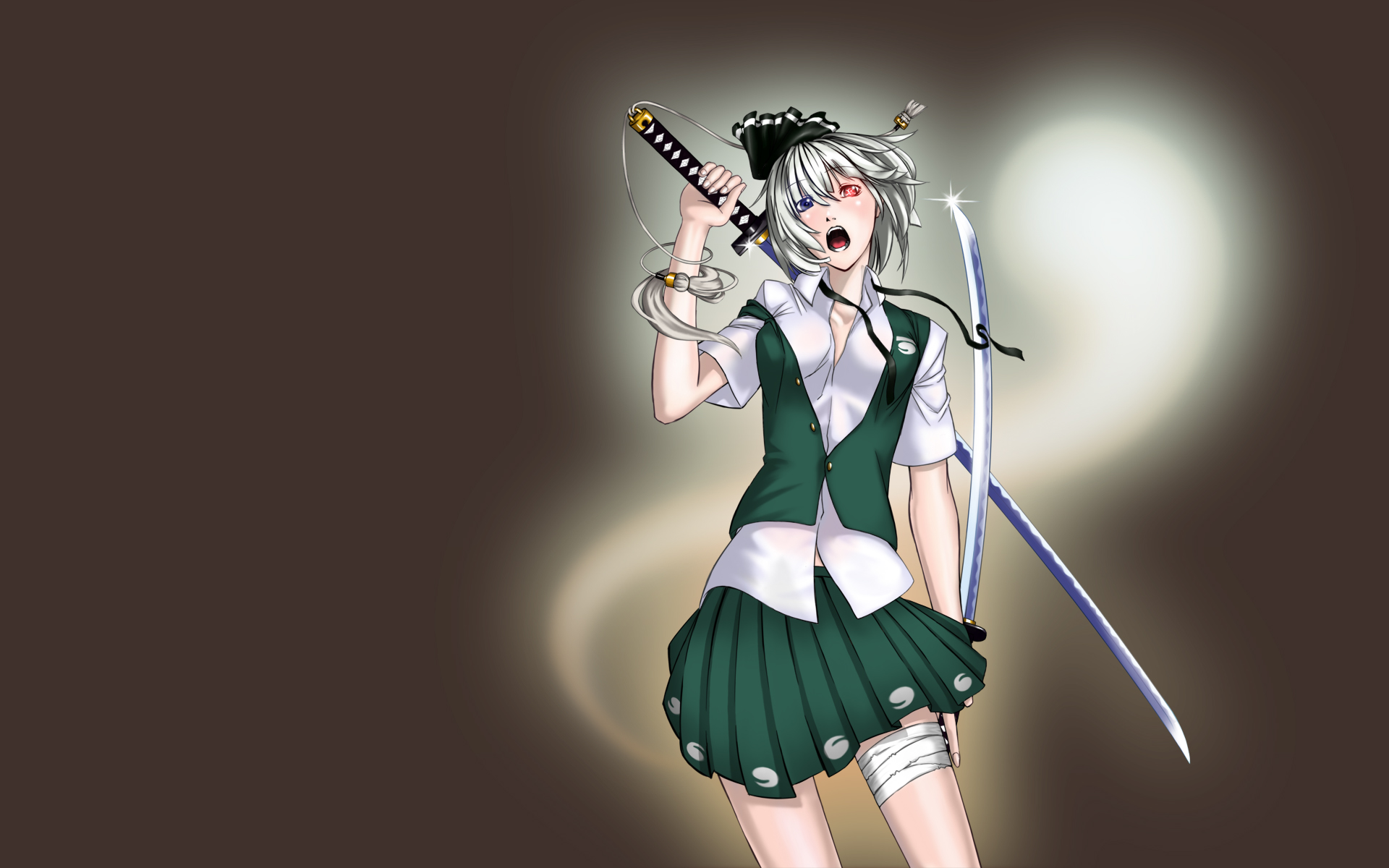 dista, irie tetsuya, tetsuya, konpaku youmu, konpaku youmu (ghost), touhou, silver hair, highres, 1girl, blue eyes, dual wielding, female focus, ghost, hairband, heterochromia, holding, katana, red eyes, short hair, solo, sword, tanto, weapon