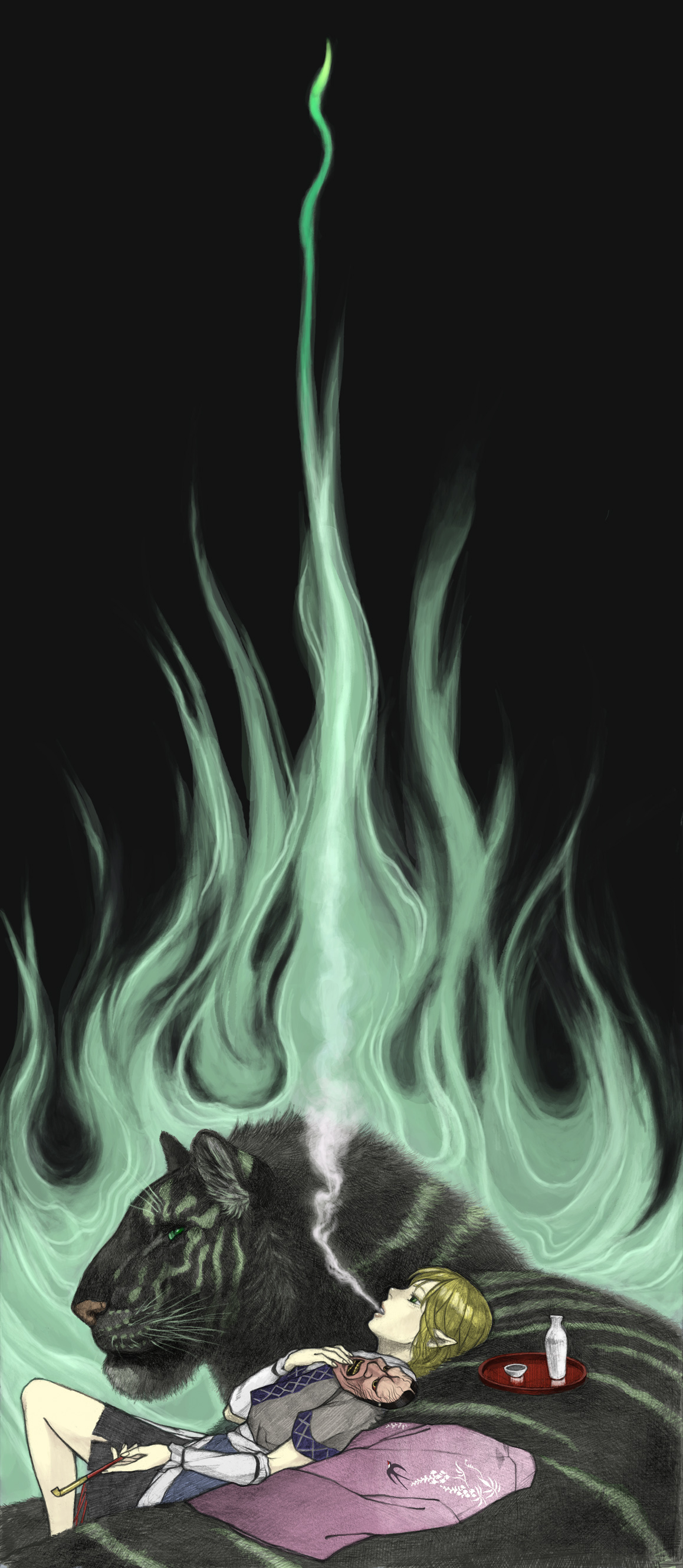 kobushi, yodoro kagyu, mizuhashi parsee, touhou, absurdres, bad id, bad pixiv id, highres, 1girl, arm warmers, blonde hair, female focus, green eyes, kiseru, pointy ears, scarf, short hair, smoking, smoking pipe, solo, tiger