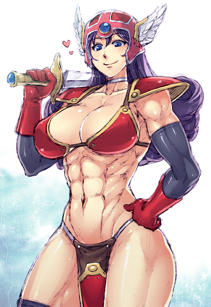 redrop, warrior (dq3), chunsoft, dragon quest, dragon quest iii, enix, 1girl, abs, armor, bikini armor, blue eyes, breasts, choker, cleavage, elbow gloves, female focus, gloves, heart, helmet, large breasts, muscular, muscular female, purple hair, red armor, shoulder pads, smile, solo, sword, weapon