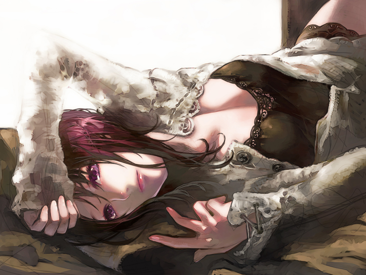 aoin, original, bad id, 1girl, brown eyes, brown hair, female focus, jacket, lace, long sleeves, lying, on back, purple eyes, purple hair, short hair, sleeves past wrists, solo