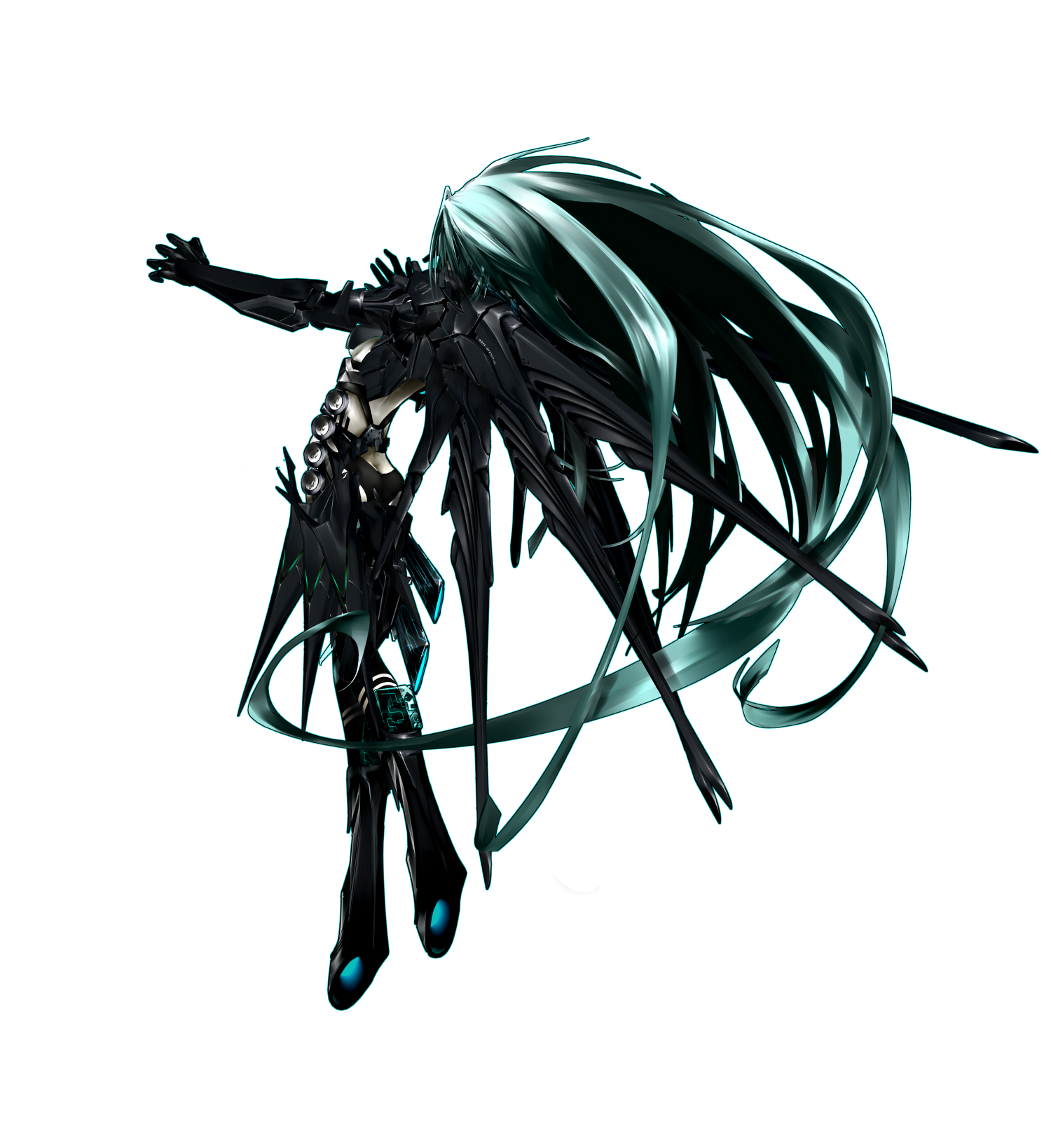 nil, hatsune miku, vocaloid, bad id, bad pixiv id, highres, 1girl, aqua hair, armor, back, bare back, bodysuit, female focus, long hair, simple background, solo, very long hair