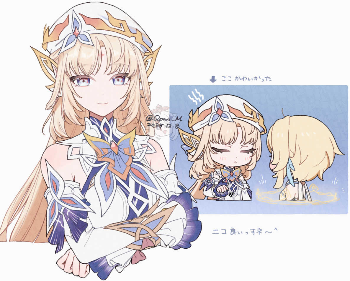 q (oshikuraq), nicole reeyn, genshin impact, 2girls, bare shoulders, beret, blonde hair, blue eyes, chibi, closed mouth, cross-shaped pupils, detached sleeves, dress, facial mark, forehead mark, frilled sleeves, frills, hat, long hair, looking at viewer, multiple girls, pointy ears, ribbon, smile, symbol-shaped pupils, upper body, very long hair, white dress, white hat