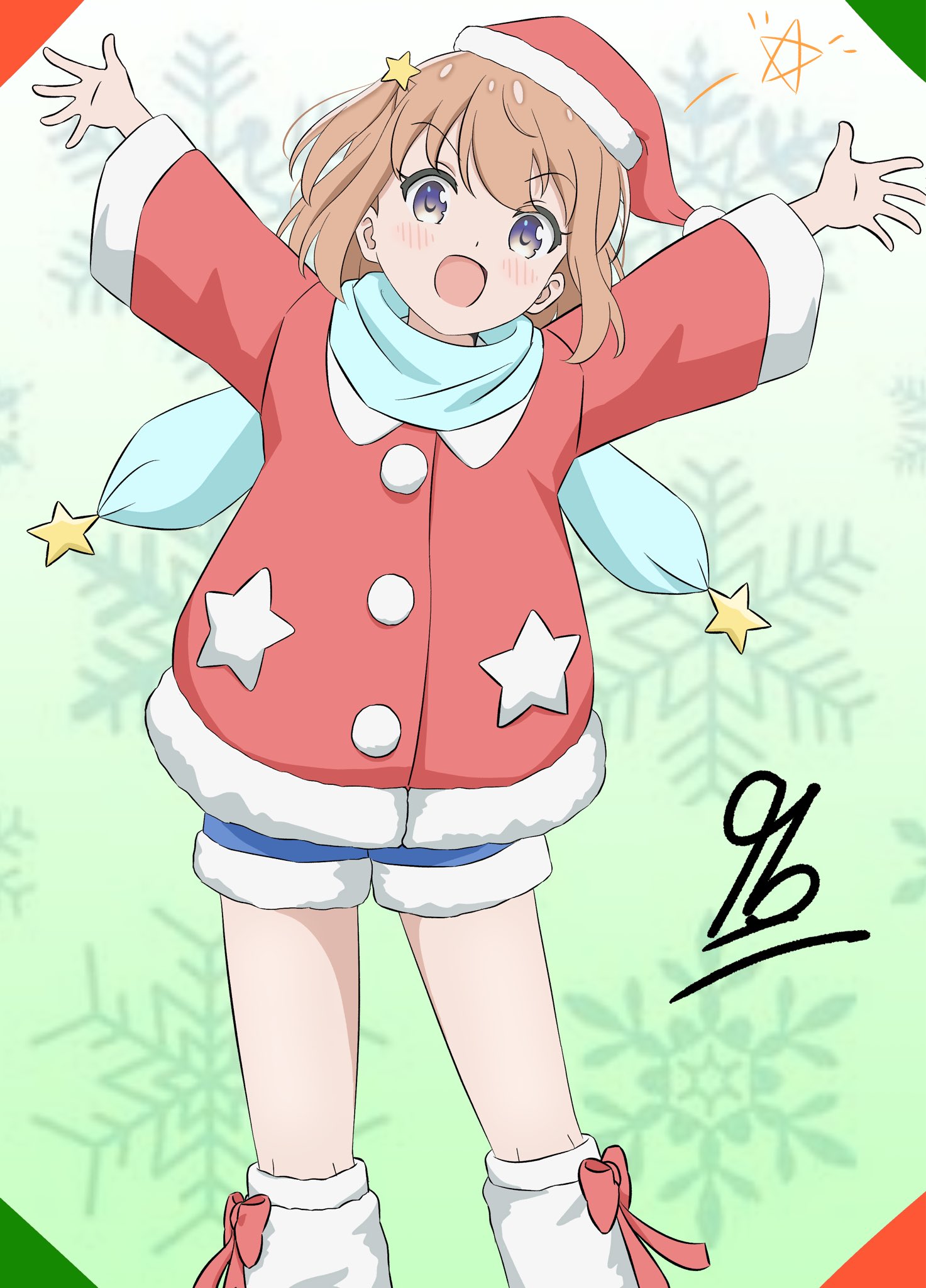 qb (qb46311027), konohata mira, koisuru asteroid, 1girl, artist name, blush, christmas, dot nose, feet out of frame, female focus, hair ornament, hat, legs, long sleeves, looking at viewer, multicolored eyes, open mouth, orange hair, pom pom (clothes), santa costume, santa hat, short hair, shorts, snowflakes, solo, star (symbol), star hair ornament