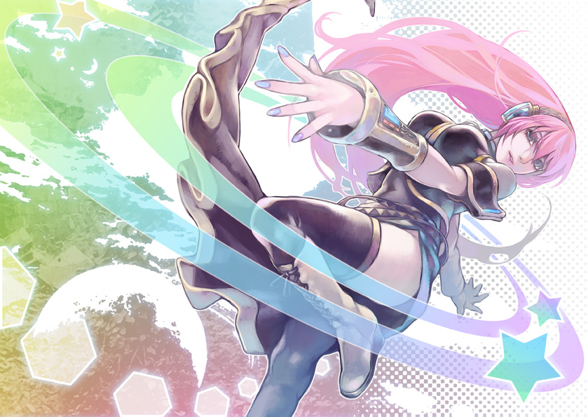 aoin, megurine luka, double lariat (vocaloid), vocaloid, 1girl, aqua eyes, boots, female focus, halftone, halftone background, headphones, long hair, navel, pink hair, skirt, smile, solo, thighhighs