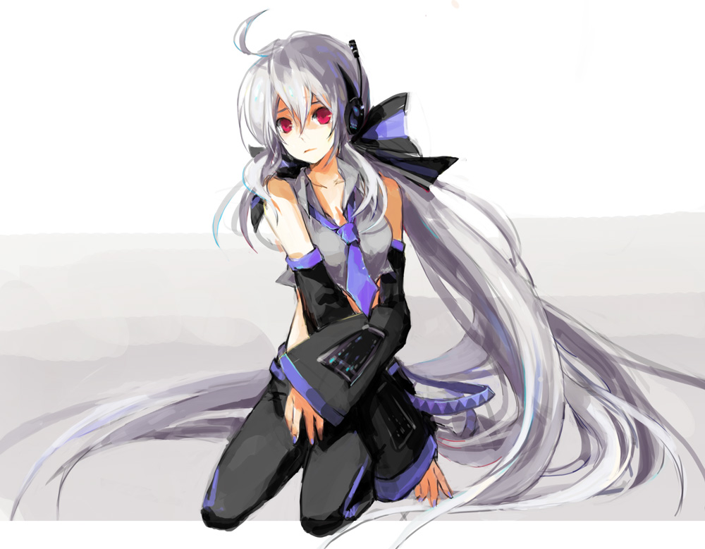 i-riya, yowane haku, vocaloid, silver hair, bad id, bad pixiv id, 1girl, ahoge, blouse, detached sleeves, female focus, full body, grey shirt, hair ribbon, headphones, long hair, necktie, red eyes, ribbon, shirt, solo, very long hair