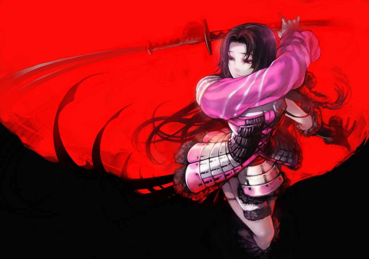 aoin, oichi (sengoku basara), sengoku basara, 00s, 1girl, armor, black hair, female focus, gloves, japanese clothes, long hair, purple eyes, skirt, solo, sword, weapon